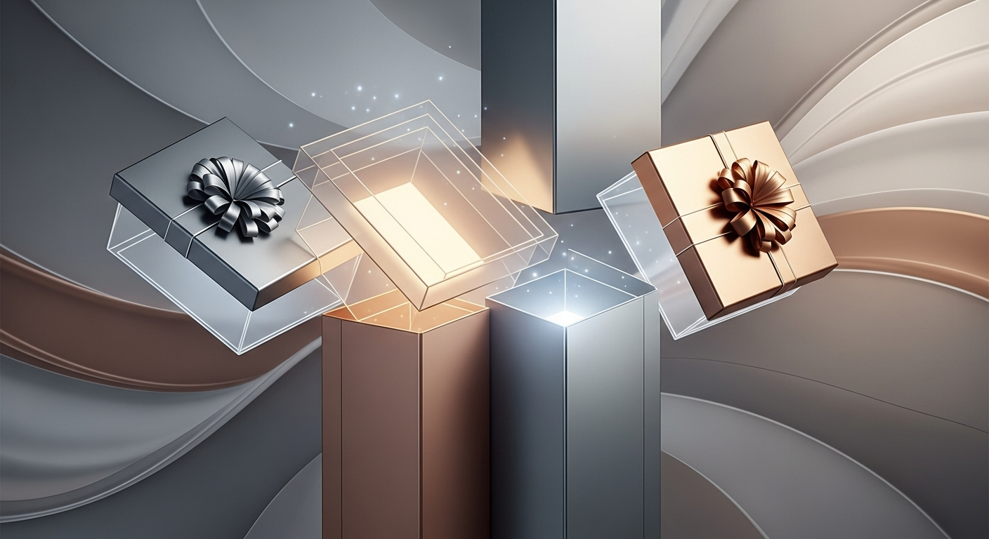 Sleek, modernas caixas de presente metálicas e translúcidas, algumas abertas com brilhos internos em fundo abstrato.
