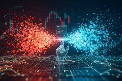 Arte digital futurista de duas entidades abstratas representando realocação estratégica de portfólio financeiro.