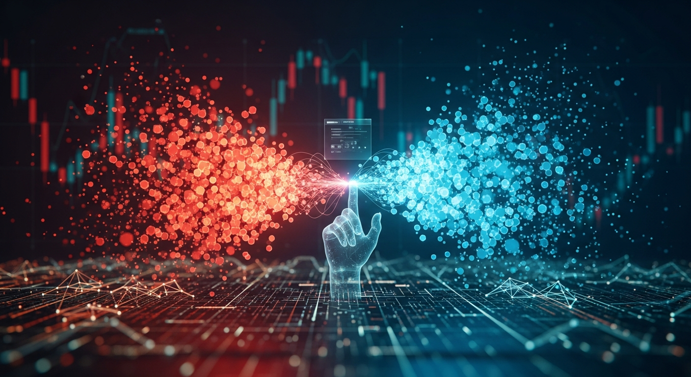 Arte digital futurista de duas entidades abstratas representando realocação estratégica de portfólio financeiro.