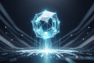 Grande forma geométrica cristalina multifacetada e brilhante ascendendo, representando um ativo digital.