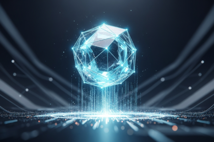 Grande forma geométrica cristalina multifacetada e brilhante ascendendo, representando um ativo digital.