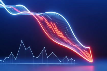 Arte digital abstrata: onda digital vermelha e laranja descendo abruptamente sobre fragmentos de linha azul.