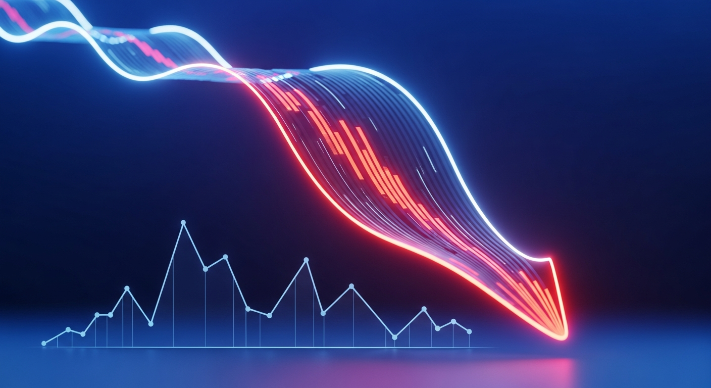 Arte digital abstrata: onda digital vermelha e laranja descendo abruptamente sobre fragmentos de linha azul.