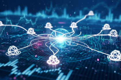Representação abstrata e dinâmica de tokens digitais geométricos brilhantes em um mercado de criptomoedas.