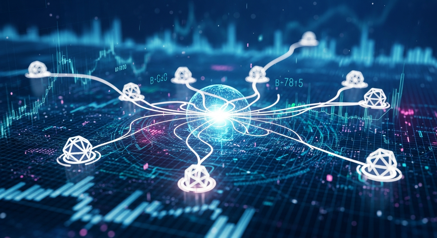 Representação abstrata e dinâmica de tokens digitais geométricos brilhantes em um mercado de criptomoedas.