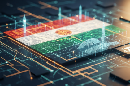 Paisagem digital abstrata sofisticada que evoca sutilmente o mundo financeiro e a identidade nacional.
