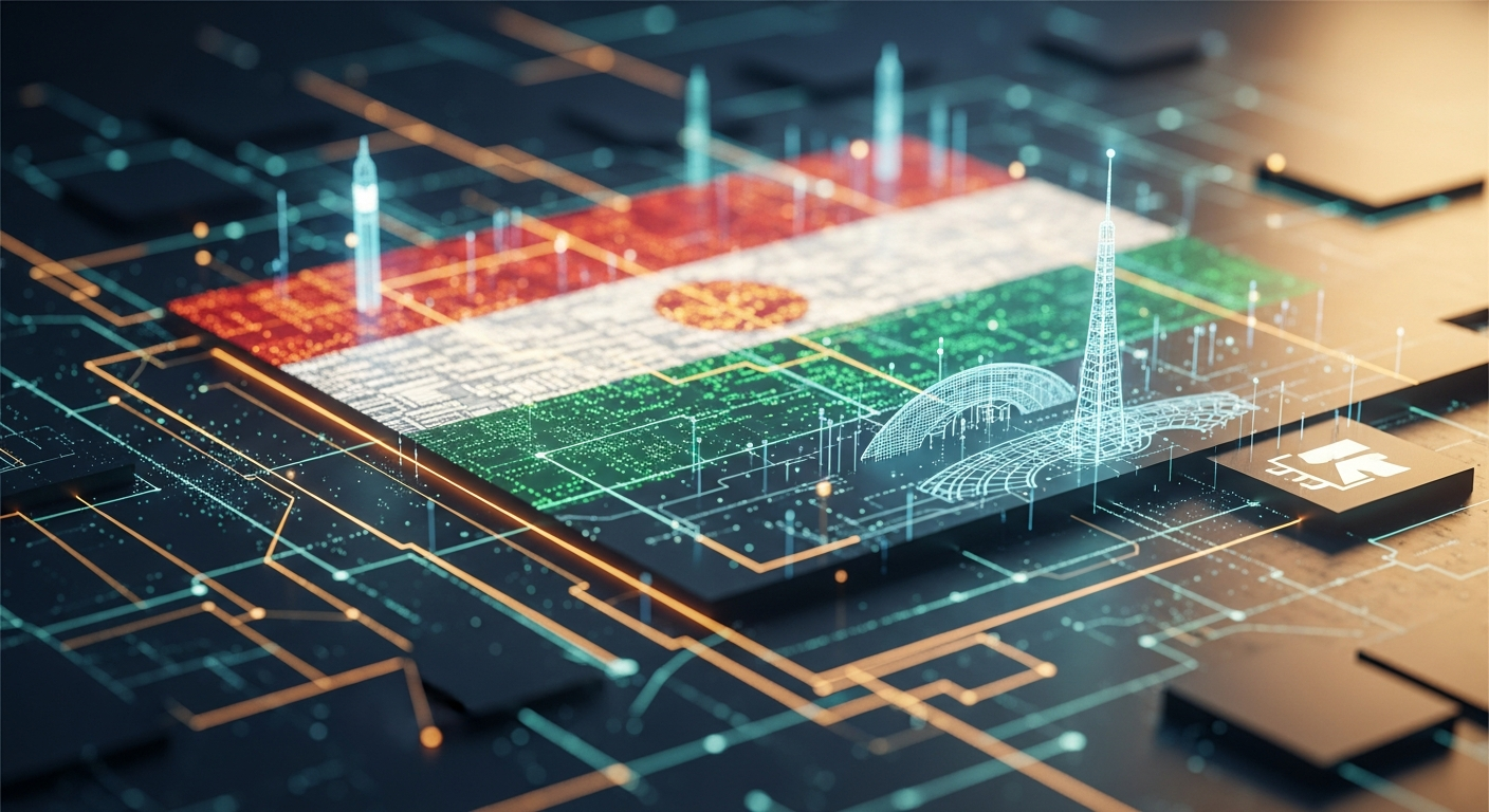 Paisagem digital abstrata sofisticada que evoca sutilmente o mundo financeiro e a identidade nacional.