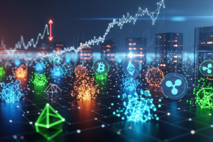 Arte digital abstrata e futurista do mercado de criptomoedas com partículas digitais brilhantes.