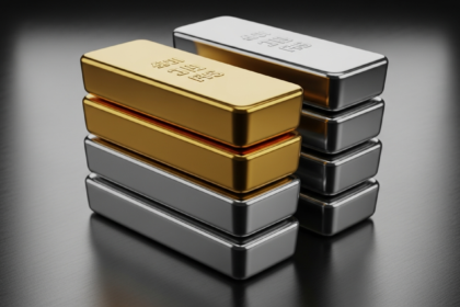 Pilha proeminente de lingotes de ouro e prata, brilhando sob luz dramática e reflexiva.