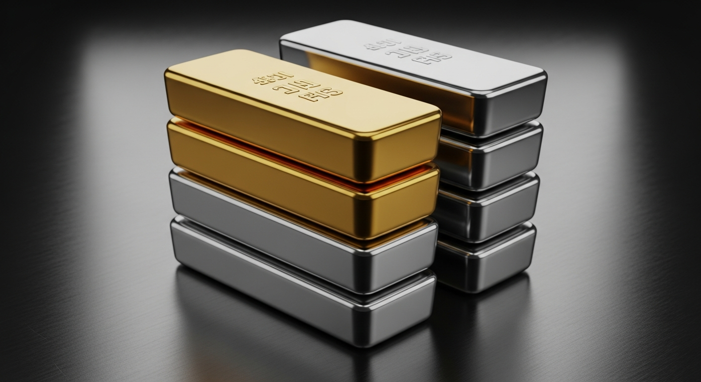 Pilha proeminente de lingotes de ouro e prata, brilhando sob luz dramática e reflexiva.
