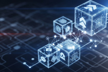 Arte digital abstrata com cubos geométricos brilhantes e nós interconectados em tons frios.