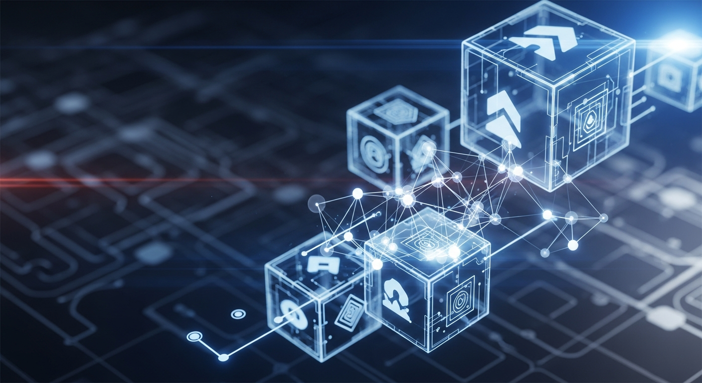 Arte digital abstrata com cubos geométricos brilhantes e nós interconectados em tons frios.
