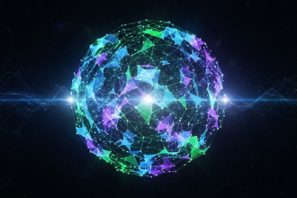 Digital artwork: Intricate, glowing abstract data sphere pulsating with vibrant electric blues, purples, greens.