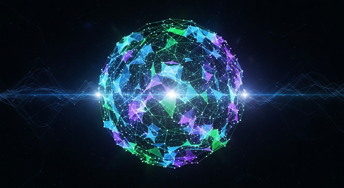 Digital artwork: Intricate, glowing abstract data sphere pulsating with vibrant electric blues, purples, greens.