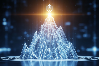 Estrutura abstrata imponente com fluxos de dados brilhantes, formas geométricas cristalinas e pico iluminado.