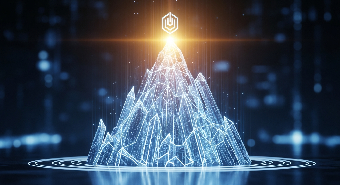 Estrutura abstrata imponente com fluxos de dados brilhantes, formas geométricas cristalinas e pico iluminado.