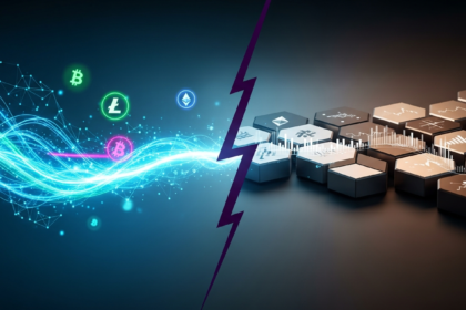 Arte abstrata ilustrando a tensão do mercado cripto: euforia vibrante contra fundamentos sólidos.