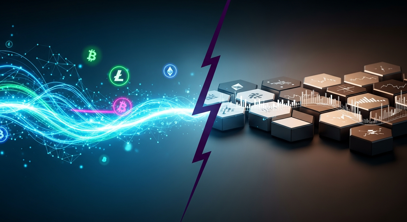 Arte abstrata ilustrando a tensão do mercado cripto: euforia vibrante contra fundamentos sólidos.