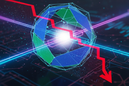 Ativo digital geométrico brilhante (esfera de dados) em junção com gráfico carmesim descendente.
