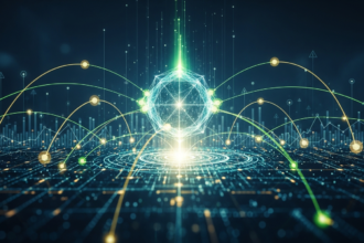 Arte digital: Ativo digital geométrico e brilhante simbolizando um momento crucial do mercado de criptomoedas.