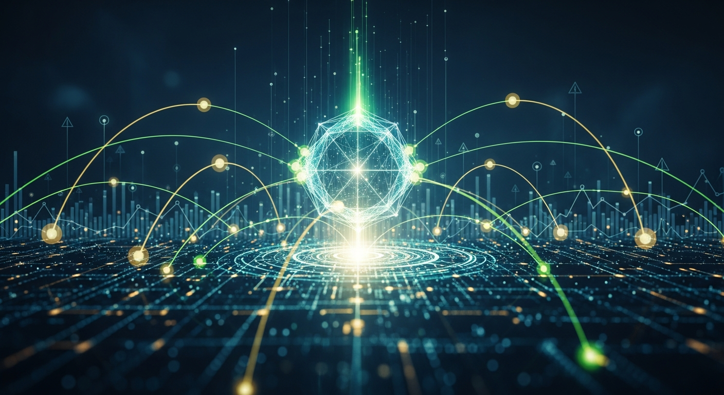 Arte digital: Ativo digital geométrico e brilhante simbolizando um momento crucial do mercado de criptomoedas.