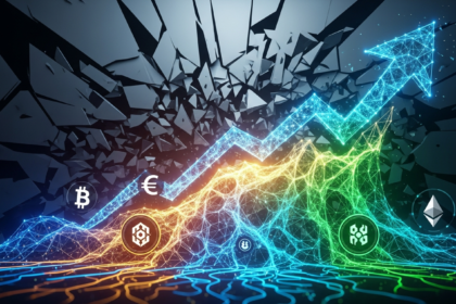 Arte digital vívida: sistema financeiro descentralizado emergindo de turbulência digital fragmentada.