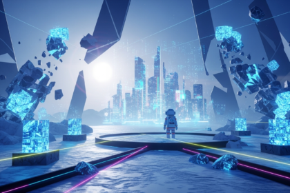 Uma paisagem digital futurista desolada com estruturas de blockchain e ativos de jogo em ruínas.