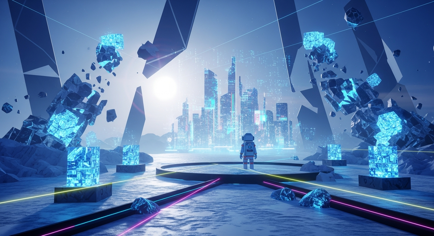 Uma paisagem digital futurista desolada com estruturas de blockchain e ativos de jogo em ruínas.