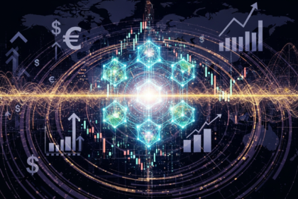 Arte digital abstrata: rede interconectada de estruturas blockchain geométricas, brilhando em azul elétrico.