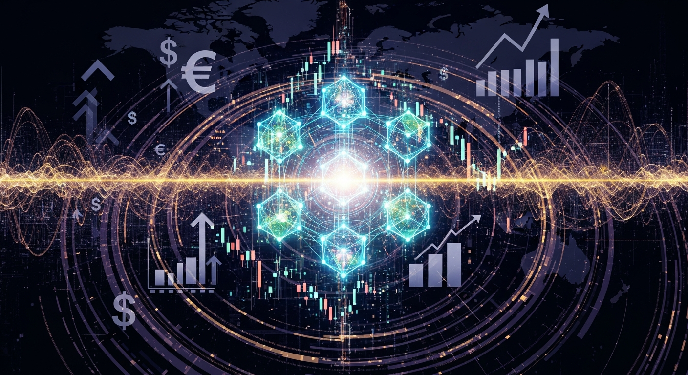 Arte digital abstrata: rede interconectada de estruturas blockchain geométricas, brilhando em azul elétrico.