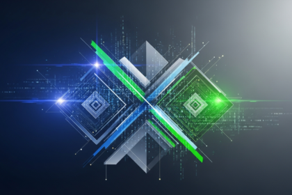 Imagem abstrata com formas geométricas interconectadas e dados digitais, representando complexidade moderna.