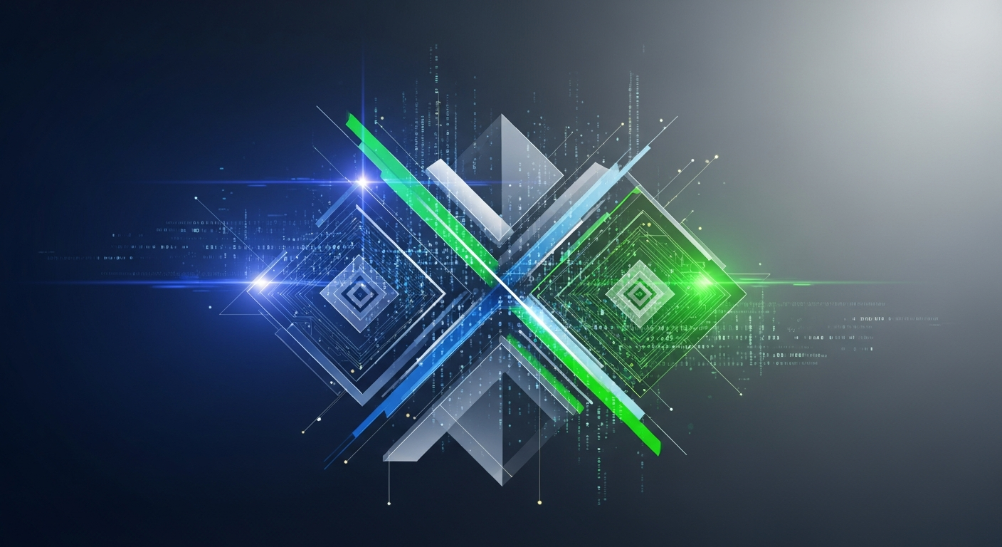 Imagem abstrata com formas geométricas interconectadas e dados digitais, representando complexidade moderna.