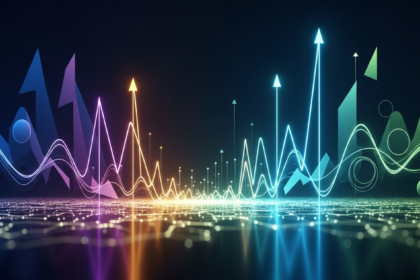 Linhas digitais luminosas e voláteis sobre uma rede tecnológica estável e conectada.