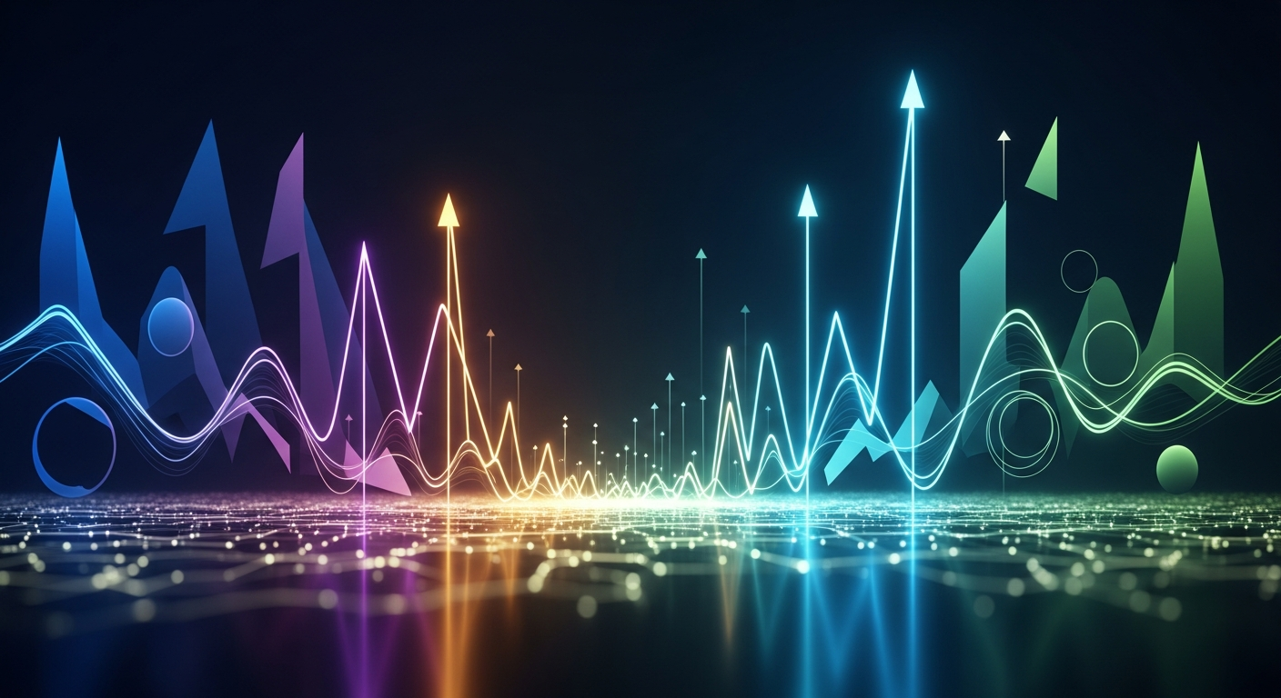 Linhas digitais luminosas e voláteis sobre uma rede tecnológica estável e conectada.