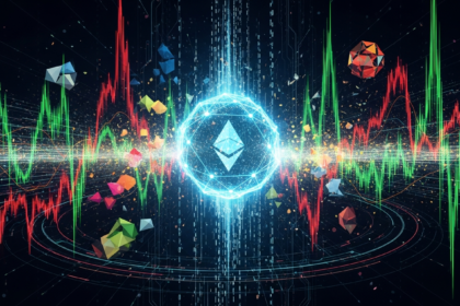 Arte digital moderna abstrata mostra esfera brilhante simbolizando volatilidade do mercado cripto.