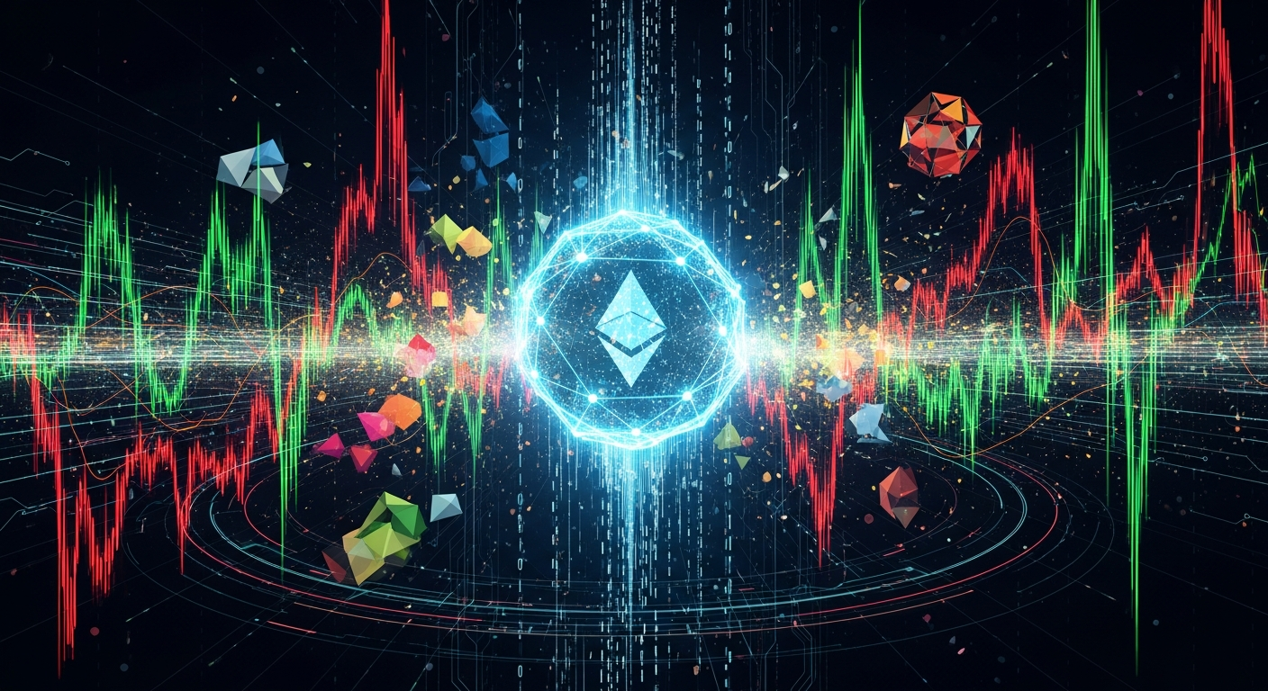 Arte digital moderna abstrata mostra esfera brilhante simbolizando volatilidade do mercado cripto.