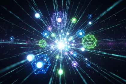 Rede brilhante e complexa de nós interconectados e fluxos de dados, simbolizando blockchain.