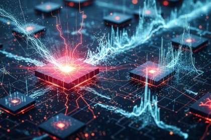 Arte abstrata da rede Ethereum: nós brilhantes, fluxos de dados, tons frios e estresse vermelho.