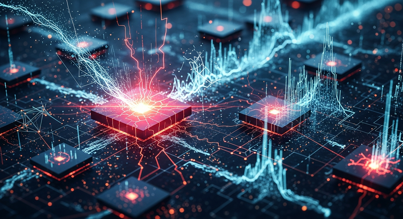 Arte abstrata da rede Ethereum: nós brilhantes, fluxos de dados, tons frios e estresse vermelho.