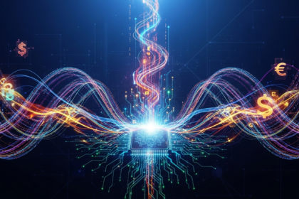 Arte digital abstrata moderna com fluxos de dados vibrantes, interconectados e fluxos de energia.