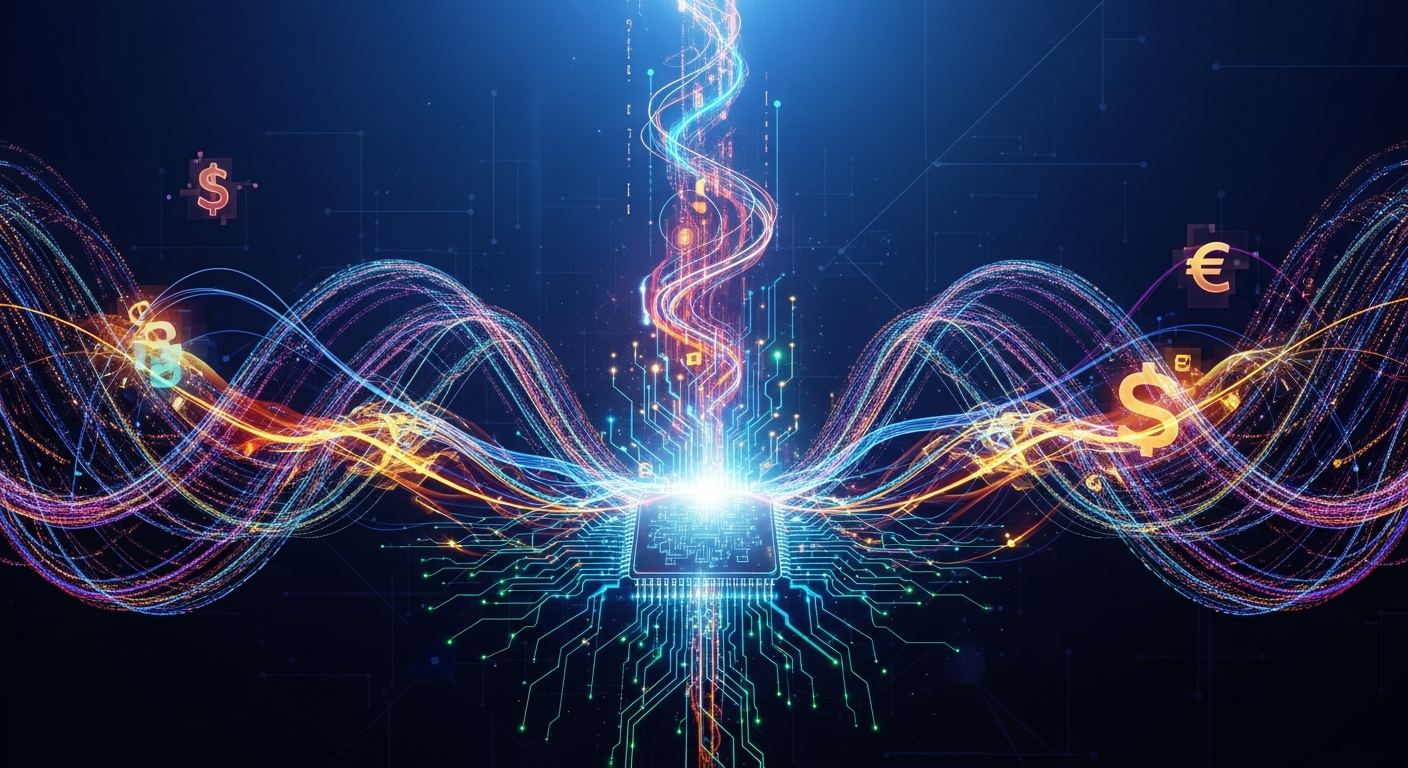 Arte digital abstrata moderna com fluxos de dados vibrantes, interconectados e fluxos de energia.