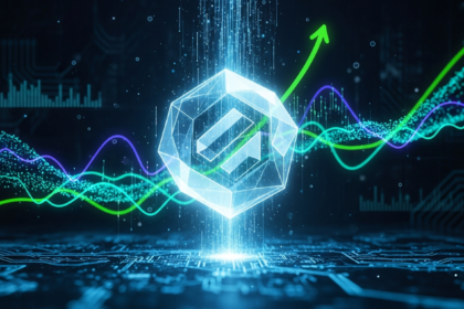 Central, abstrato, geométrico e brilhante ativo digital com fluxos de dados dinâmicos e linhas ascendentes.