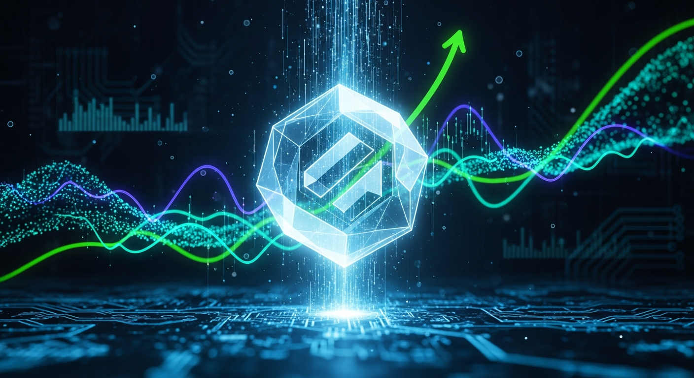 Central, abstrato, geométrico e brilhante ativo digital com fluxos de dados dinâmicos e linhas ascendentes.