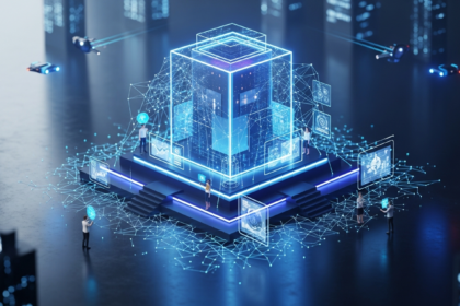 Imponente estrutura arquitetônica abstrata formada por formas geométricas brilhantes e painéis digitais transparentes.