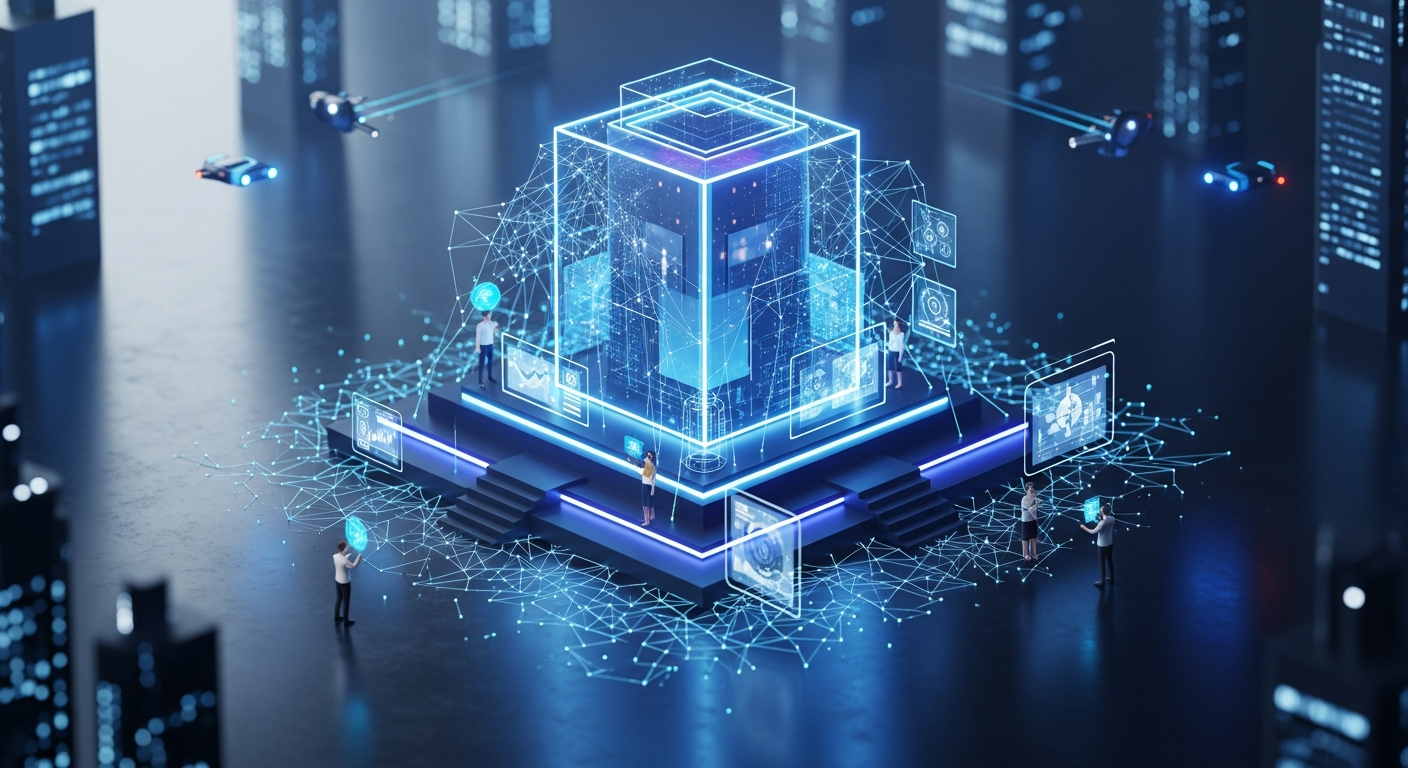 Imponente estrutura arquitetônica abstrata formada por formas geométricas brilhantes e painéis digitais transparentes.