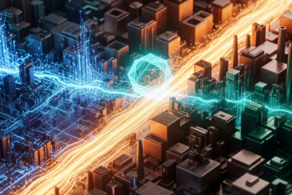 Ilustração abstrata de capital girando de tecnologia para finanças tradicionais, com influência cripto.