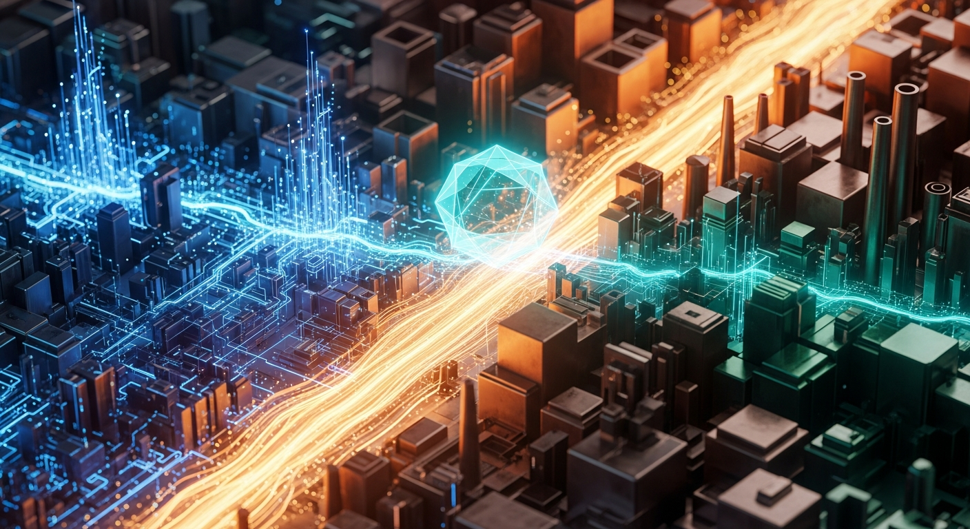 Ilustração abstrata de capital girando de tecnologia para finanças tradicionais, com influência cripto.