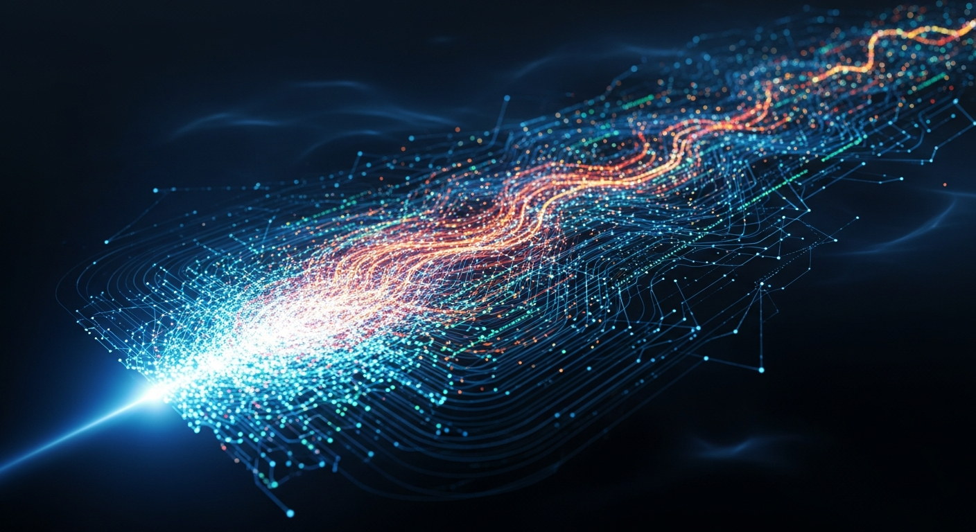 Rede digital abstrata e intrincada com nós brilhantes e fluxos de dados dinâmicos em expansão.