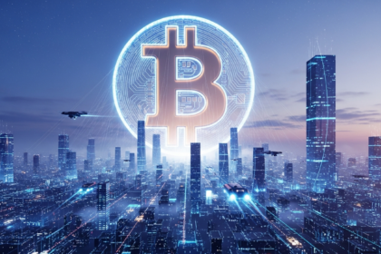 Símbolo Bitcoin gigante e brilhante domina cidade digital futurista com fluxos de dados.