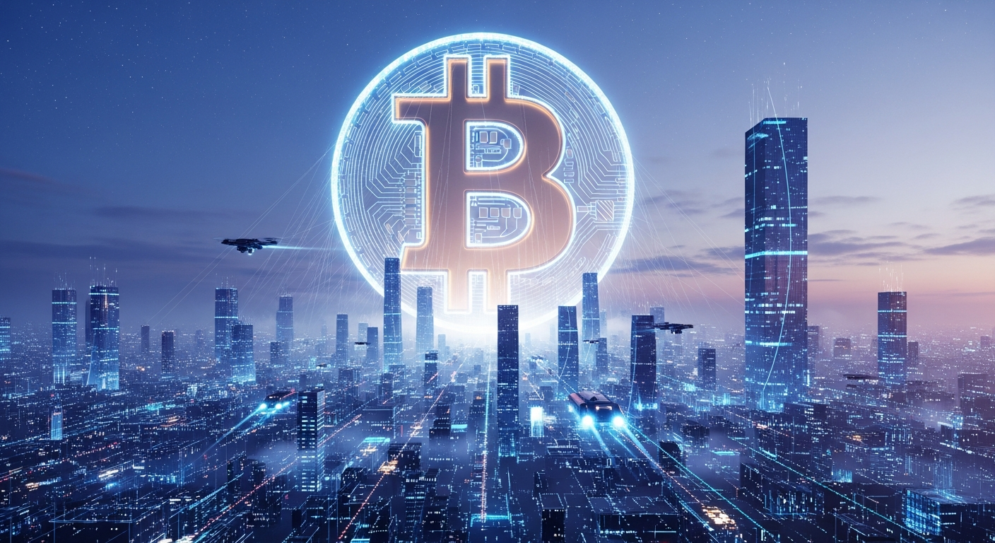 Símbolo Bitcoin gigante e brilhante domina cidade digital futurista com fluxos de dados.